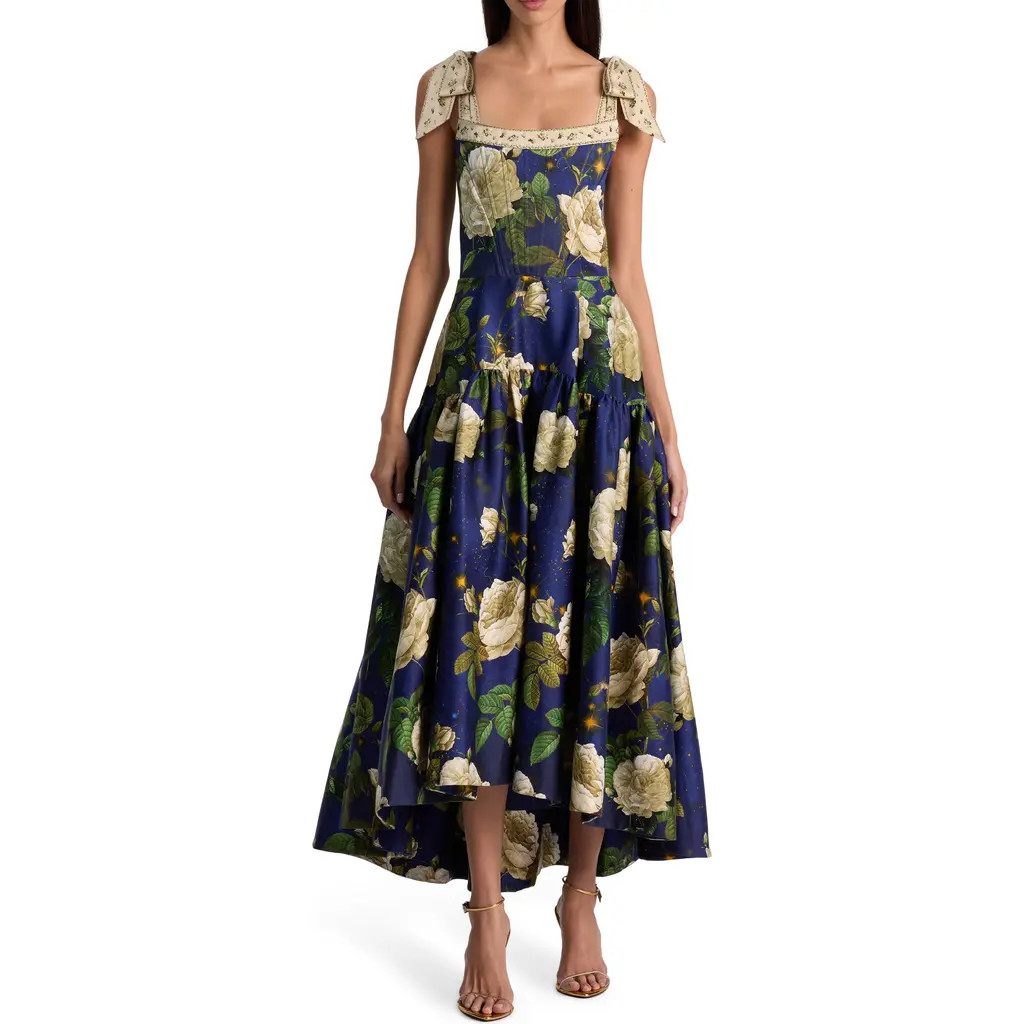 Alice + Olivia Rosalee Tie Strap Corset Stretch Cotton High-Low Dress in Twilight Eden at Nordstrom, Size 12 | Nordstrom