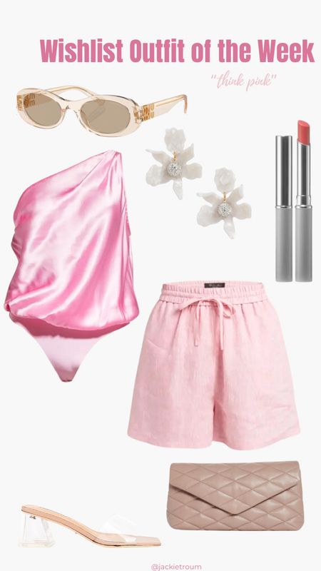 If you’re feelin’ SPLURGE-Y, here’s this week’s Wishlist Outfit of the Week.

Pink Charmeuse Bodysuit: CAMI NYC
Pink Linen Shorts: Loro Piana
Clear Mules: Tony Bianco 
“Almost” Lipstick: Clinique (color: pink honey)
Leather Puffer Clutch: Saint Laurent
Acetate Oval Sunglasses: Miu Miu
Pearl Crystal Earrings: Lele Sadoughi

#LTKshoecrush #LTKitbag

#LTKOver40 #LTKStyleTip #LTKSeasonal