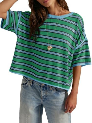 Tankaneo Womens Oversized Striped T-Shirts Summer Casual Color Block Short Sleeve Tops Drop Shoul... | Amazon (US)