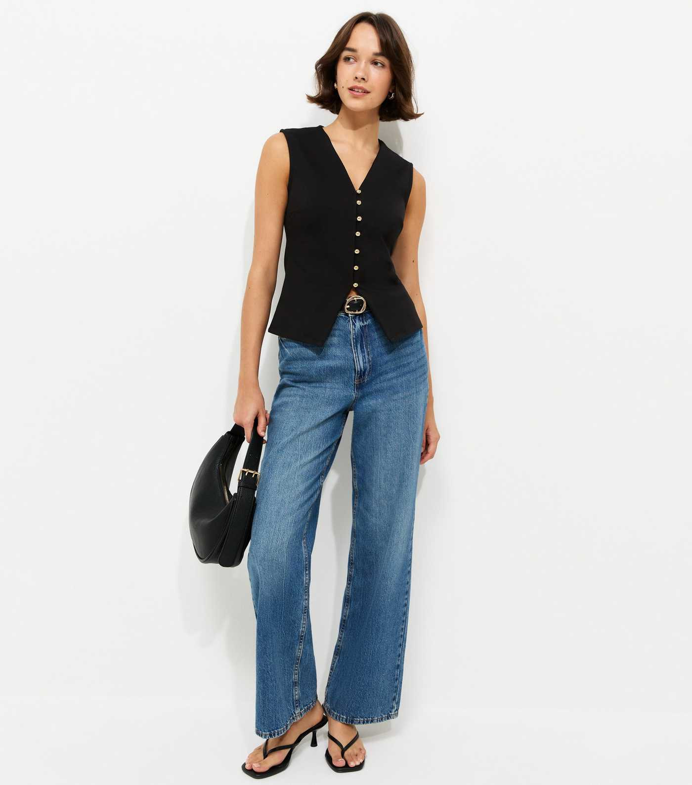 Black Cotton Rich Ponte V-Neck Waistcoat | New Look | New Look (UK)