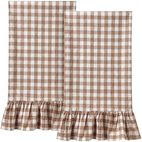 Taupe Kitchen Towels Set of 2, 100% Cotton Ruffled Gingham Dish Towels 18"x28" Tea Cloths Classic... | Amazon (US)