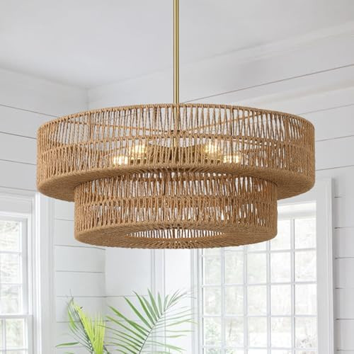 22" Boho Rattan Chandelier, 5-Light Rattan Pendant Light with 2-Tier Hand Wove Wicker Shade,Farmh... | Amazon (US)
