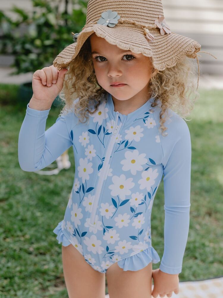 Toddler Girls Floral Print Zipper Front Ruffle Trim One Piece Swimsuit
       
              
   ... | SHEIN
