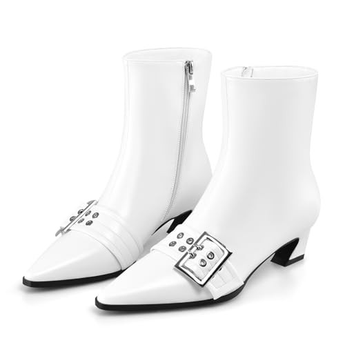 Vaslemuse Women Booties Buckle Ankle Boots Kitten Low Heel Eyelet Booties Sexy Pointy Toe Fashion Dress Short Boots with Zips - White 6.5 | Amazon (US)