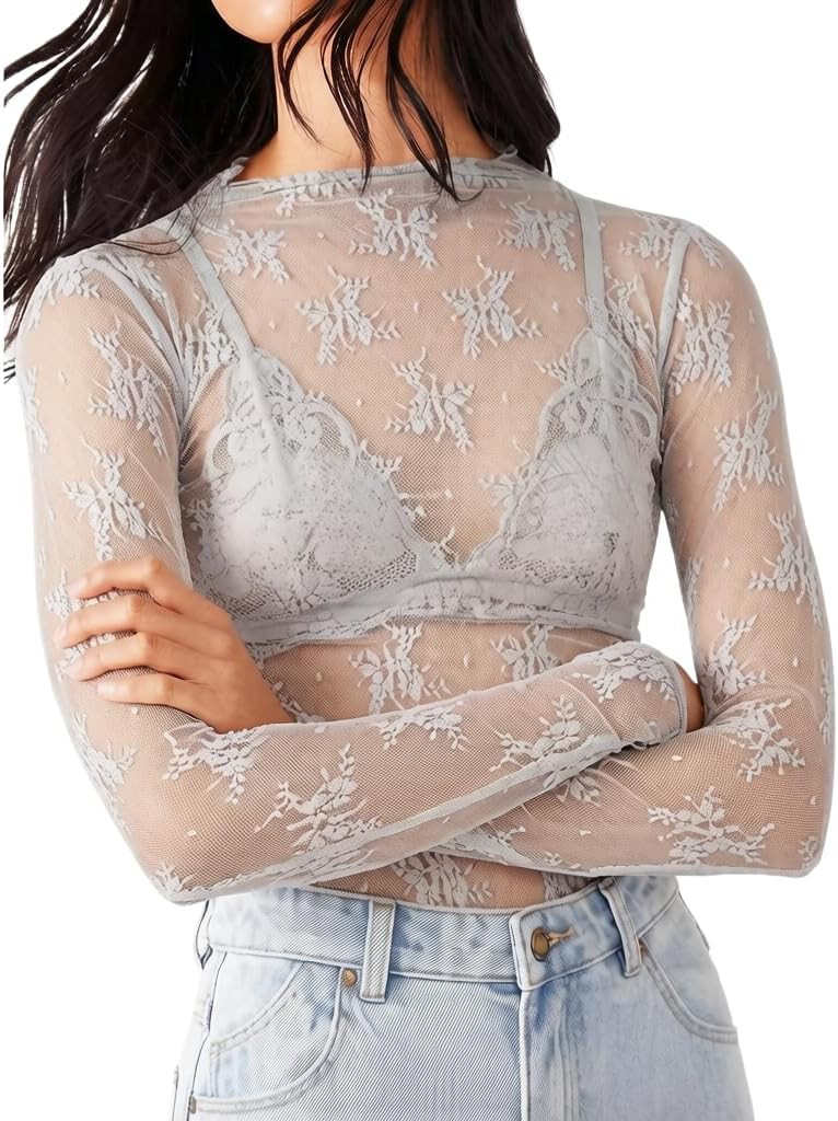 KMBANGI Women's Mesh Lace Long Sleeve Top Mock Neck Sheer Layering Tops | Amazon (US)