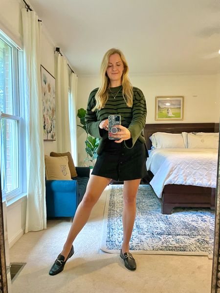 Fall outfit idea - cozy striped sweater with button up suede skirt. Wearing my normal size in both

Black buckle loafers are an affordable find

#LTKfindsunder50 #LTKSeasonal