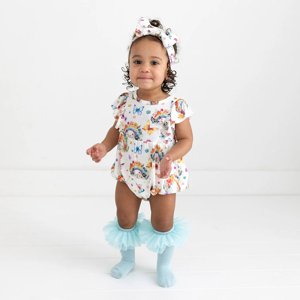 Rainbow Floral White Sleeveless Bubble Romper | Lucky Rainbow | Posh Peanut