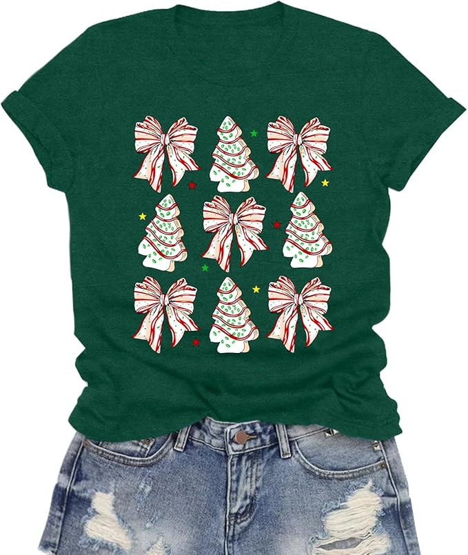 Christmas Shirts for Women Retro Coquette Bow Tshirt Xmas Candy Tree Tee Tops | Amazon (US)