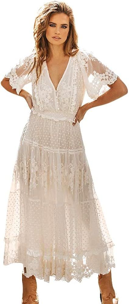 ABOCIW Women's Boho Maxi Dress Lace Up Tassel V-Neck Flare Ruffle Fringed Beach Summer Dresses | Amazon (US)