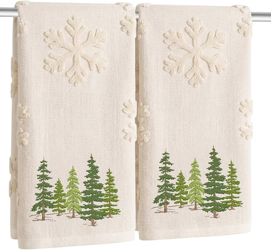 2 Pack Christmas tree Hand Towels 100% Cotton Jacquard snowflake Embroidered Pine Trees holiday K... | Amazon (US)