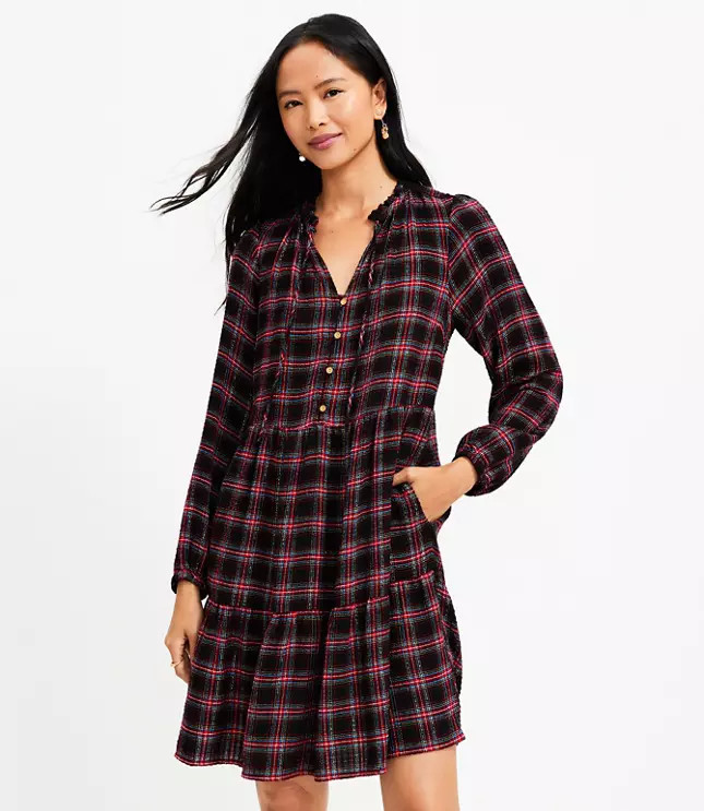 Shimmer Plaid Tiered Dress | LOFT