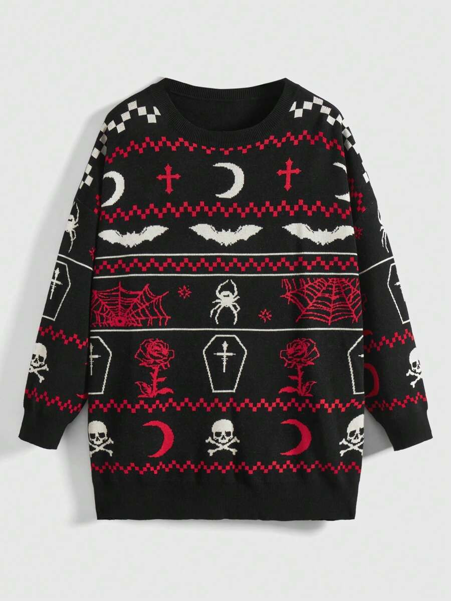 ROMWE Goth Plus Size Women's Gothic Pattern New Year's Sweatshirt With Round Neck | SHEIN