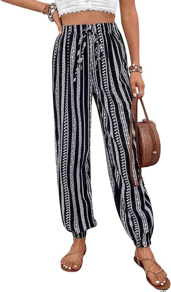SweatyRocks Women's Comfy Bohemian Tapered Tribal Print Loose Yoga Travel Pants | Amazon (US)