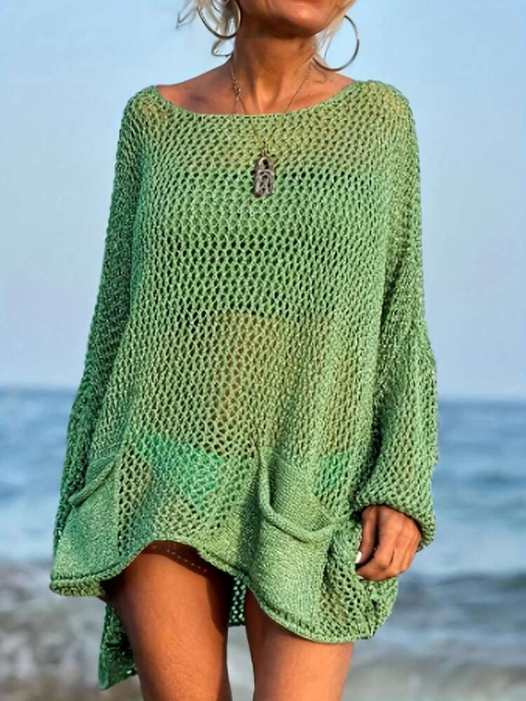 Plus Size Women's Sexy Hollow Out Loose Beach Knit Cover Up With Pockets, Long Sleeves And Round Neck Vacation Summer | SHEIN