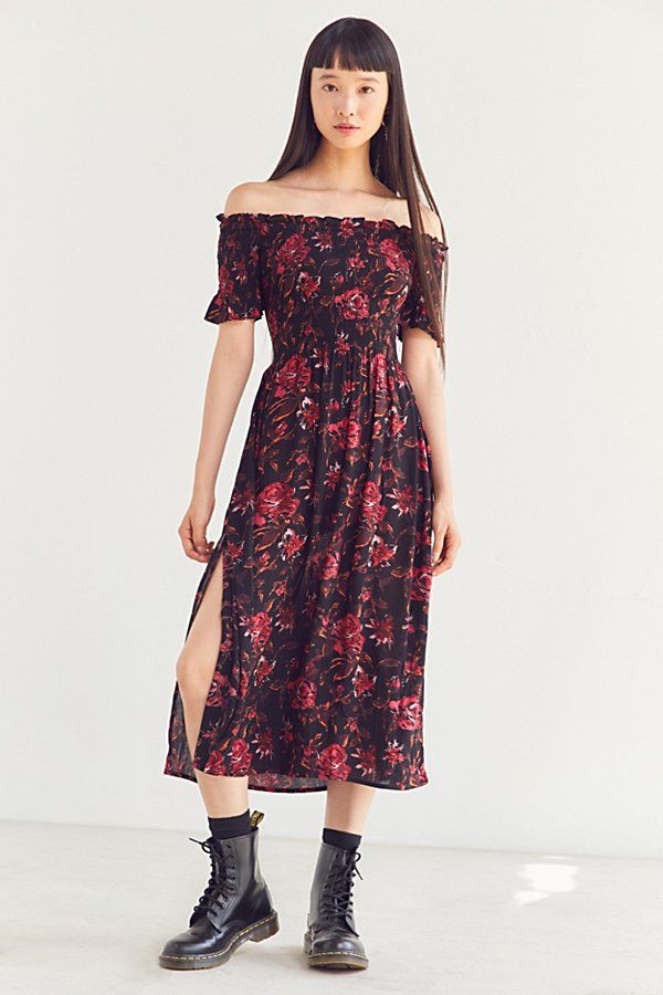 Kimchi Blue Off-The-Shoulder Smocked Dress - Black Multi XS at Urban Outfitters | Urban Outfitters US