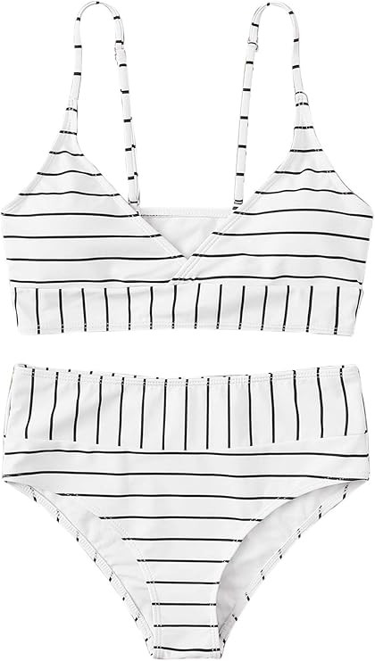SweatyRocks Women's Striped V Neck Spaghetti Strap Top with High Waist Bikini Set | Amazon (US)
