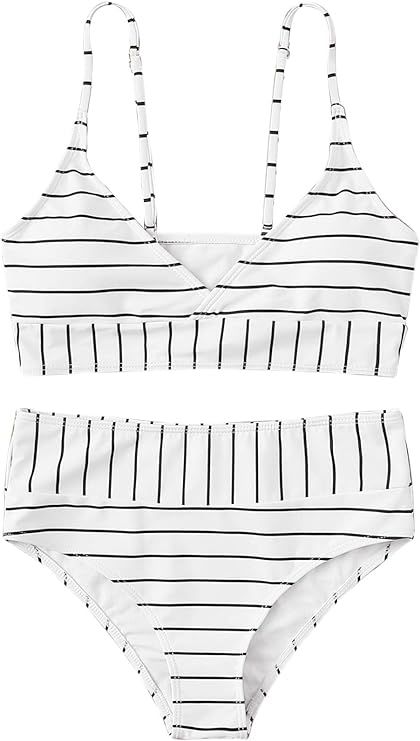 SweatyRocks Women's Striped V Neck Spaghetti Strap Top with High Waist Bikini Set | Amazon (US)