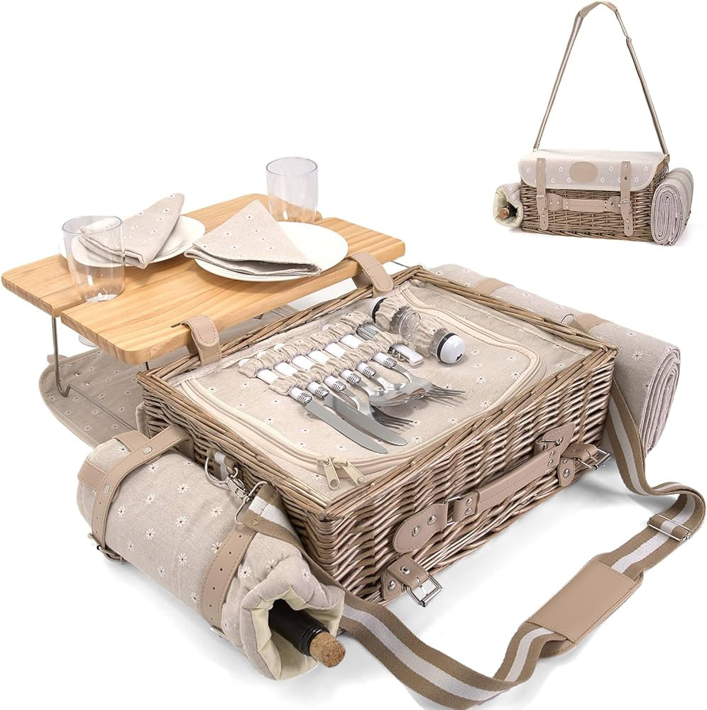 Mutifunctional Wicker Picnic Basket Set for 2 with Blanket and Picnic Table, Insulated Picnic Set... | Amazon (CA)