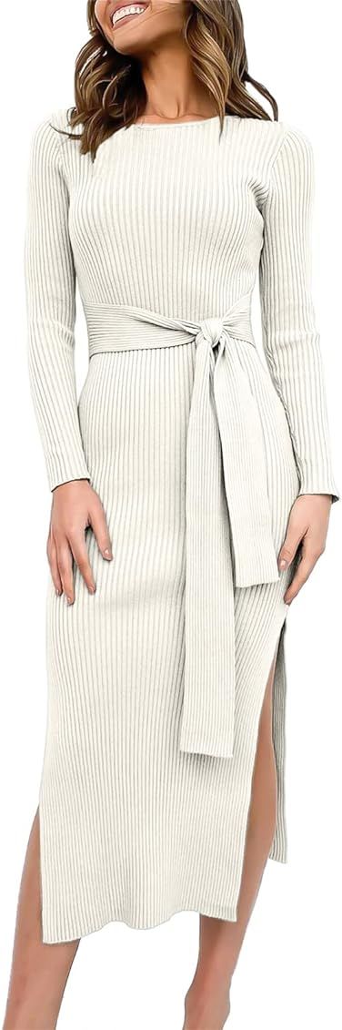 ANRABESS Women's 2022 Elegant Sweater Dress Long Sleeve Crewneck Tie Waist Slim Fit Knit Slit Midi D | Amazon (US)
