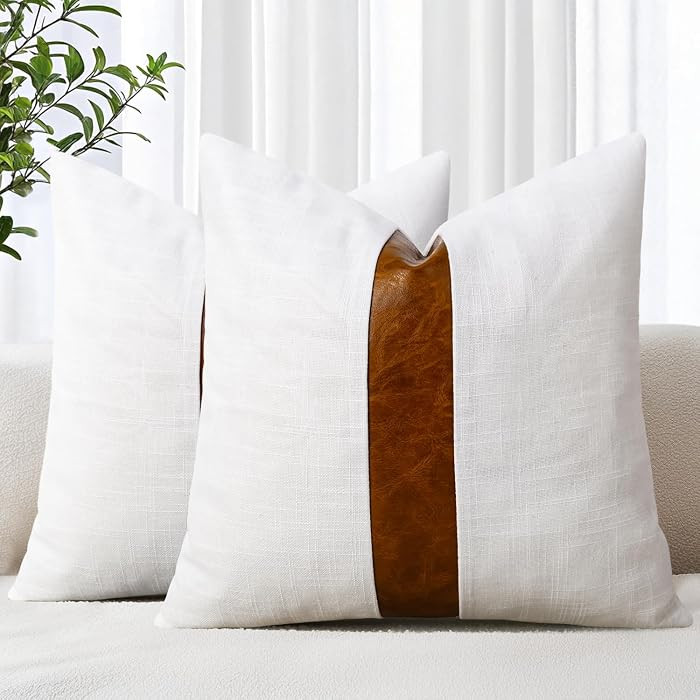 18 by 18 White Linen Throw Pillow Covers with Brown Faux Leather Striped Accent Modern Farmhouse ... | Amazon (US)