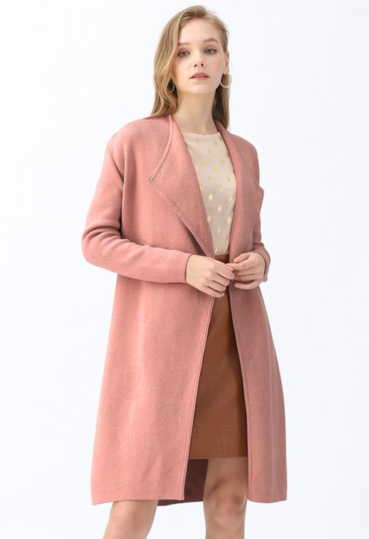 Classy Open Front Knit Coat in Coral | Chicwish