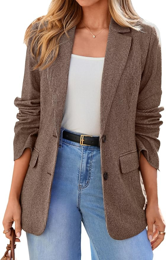 Simplee Womens Work Casual Houndstooth Plaid Tweed Blazers | Business Outfits, Notch Lapel, Singl... | Amazon (US)