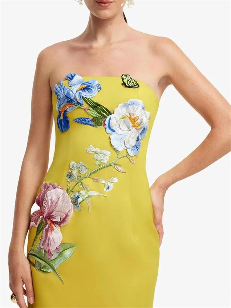 Women Solid Slim Spliced Embroidery Elegant Strapless Sleeveless Tunic Dress | Amazon (US)