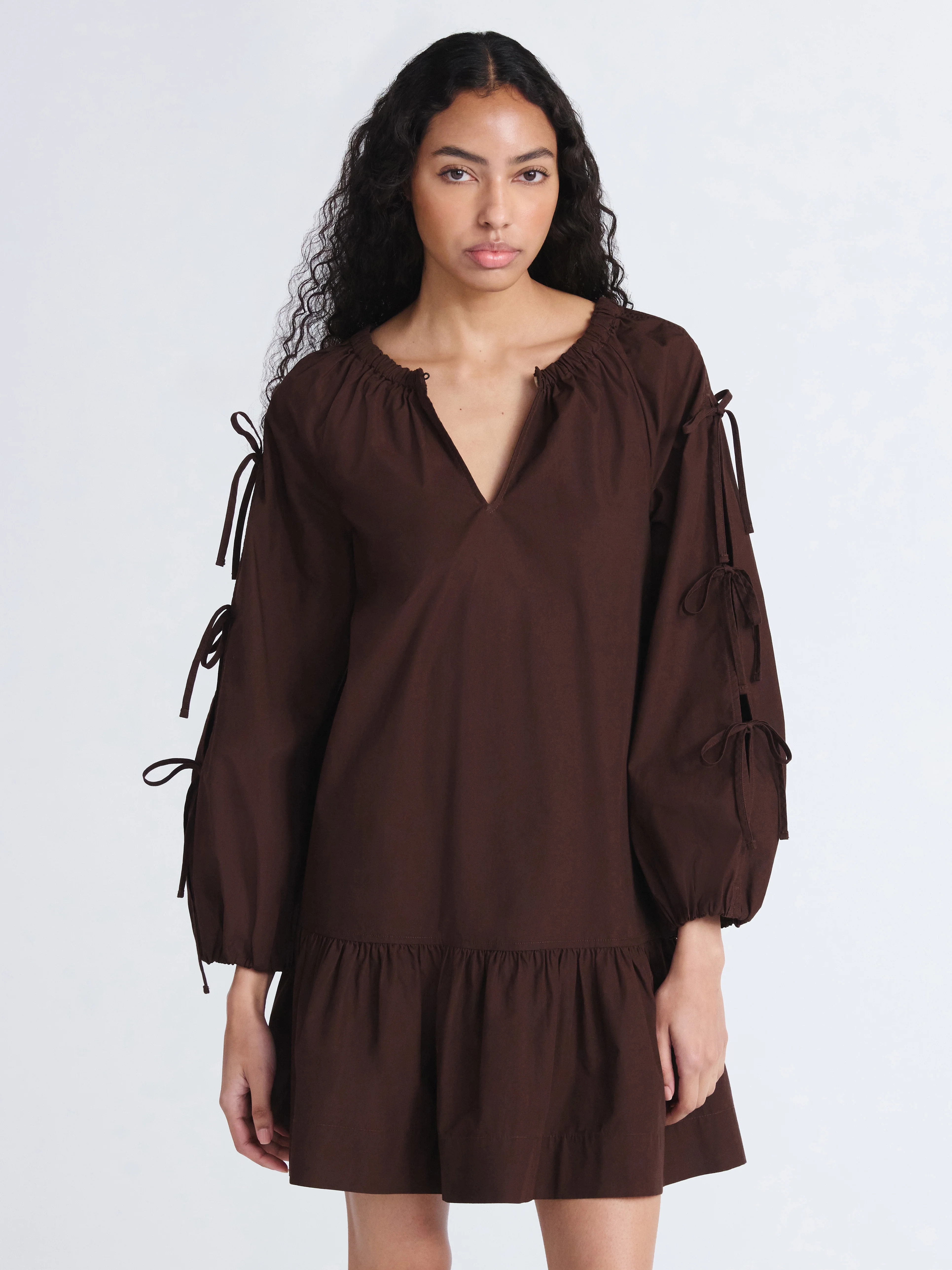 Free Assembly Women's Ruffle Hem Cotton Mini Dress with Long Tie Sleeves, Sizes XS-XXL | Walmart (US)