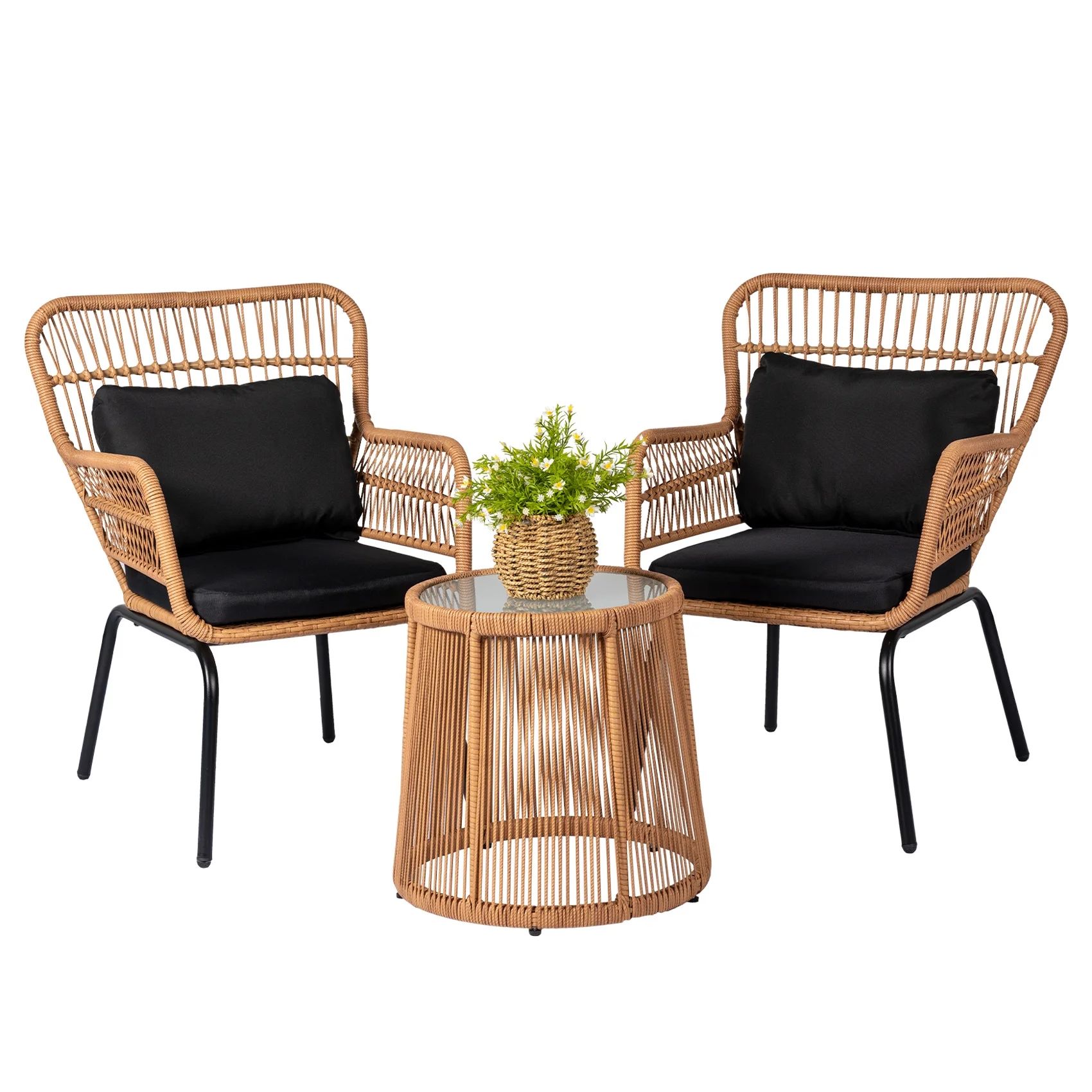 PROHIKER 3-Piece Patio Conversation Bistro Set Rattan Furniture, Outdoor Patio Set w/Glass Top Ta... | Walmart (US)