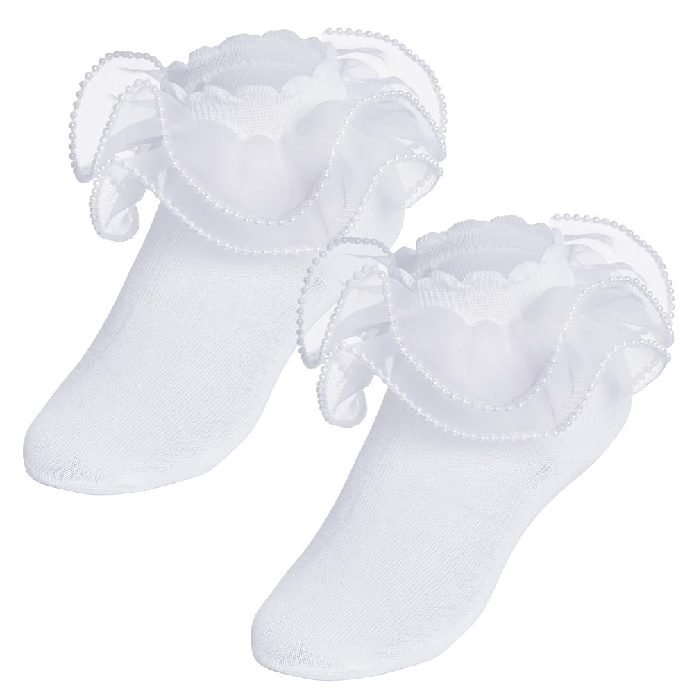 2 Pack Girls Frilly Ruffle Socks Cute Pearls Lace Socks for Toddler Little Girls Dress and Daily | Amazon (US)