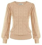 GRACE KARIN Women's Long Lantern Sleeve Crew Neck Crochet Top Hollow Out Fall Pullover Sweater | Amazon (US)