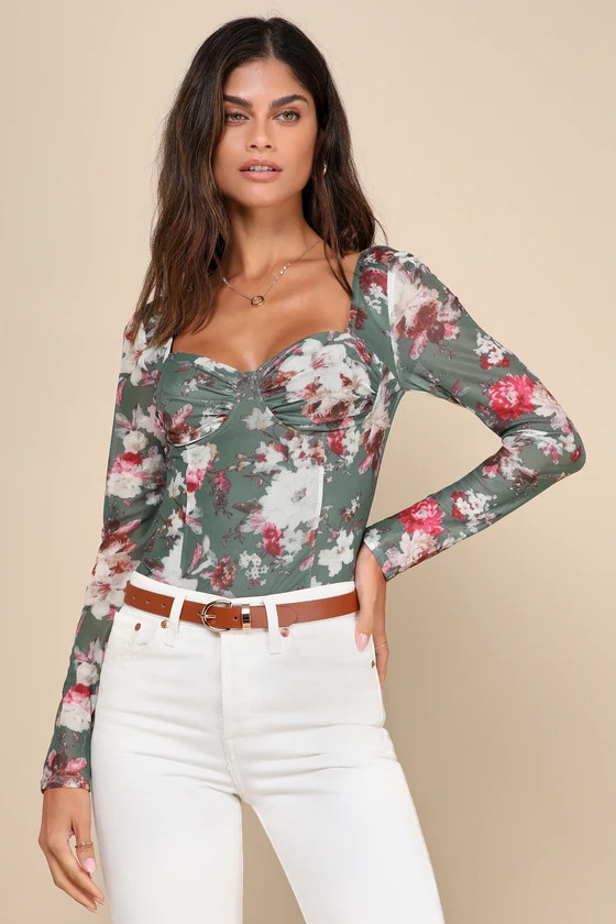 Blossoming Attitude Green Floral Mesh Bustier Crop Top | Lulus