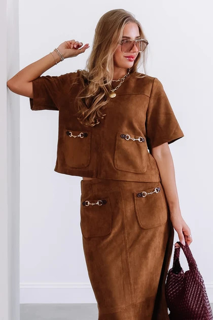 Warm Coffee Express Brown Faux Suede Blouse | The Willow Tree