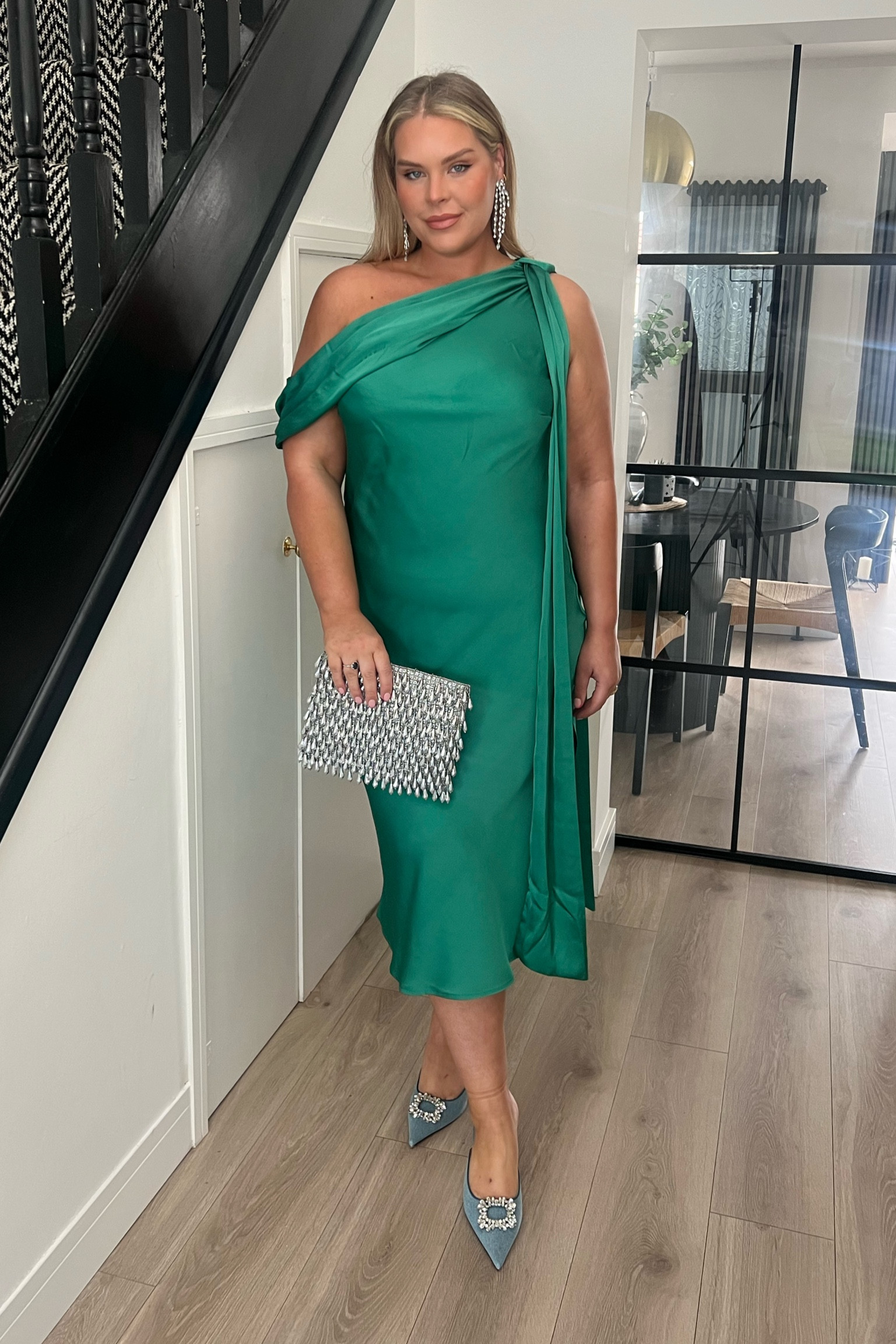 Wedding guest dress. wedding guest outfit. Occassionwear. Green dress. Silk dress. Silver accessories. Silver bag. Silver heels. Silver earrings. ASOS. Zara. In the style. Midsize. Size 18. 

#LTKeurope #LTKwedding #LTKmidsize