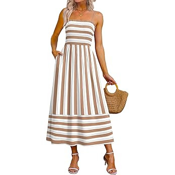 OFEEFAN Womens Spaghetti Strap Maxi Dresses Smocked with Pockets 2026 Summer Spring Casual Boho B... | Amazon (US)