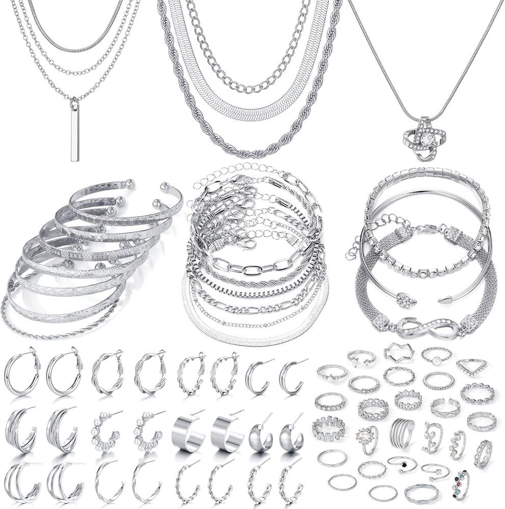 IFKM 36 PC Silver Plated Jewelry Set With 3 Necklace, 12 Bracelet, 7 Ear Cuffs Earring, 14 Knuckl... | Amazon (US)