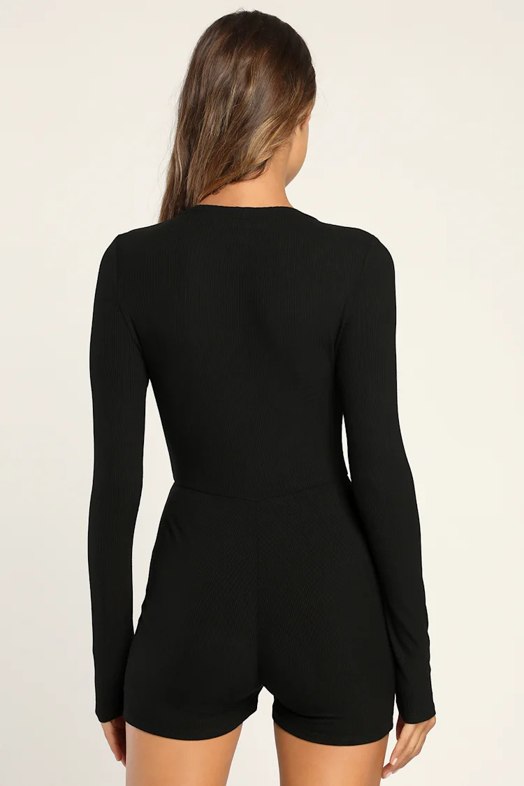 Leisurely Love Black Ribbed Long Sleeve Lounge Romper | Lulus