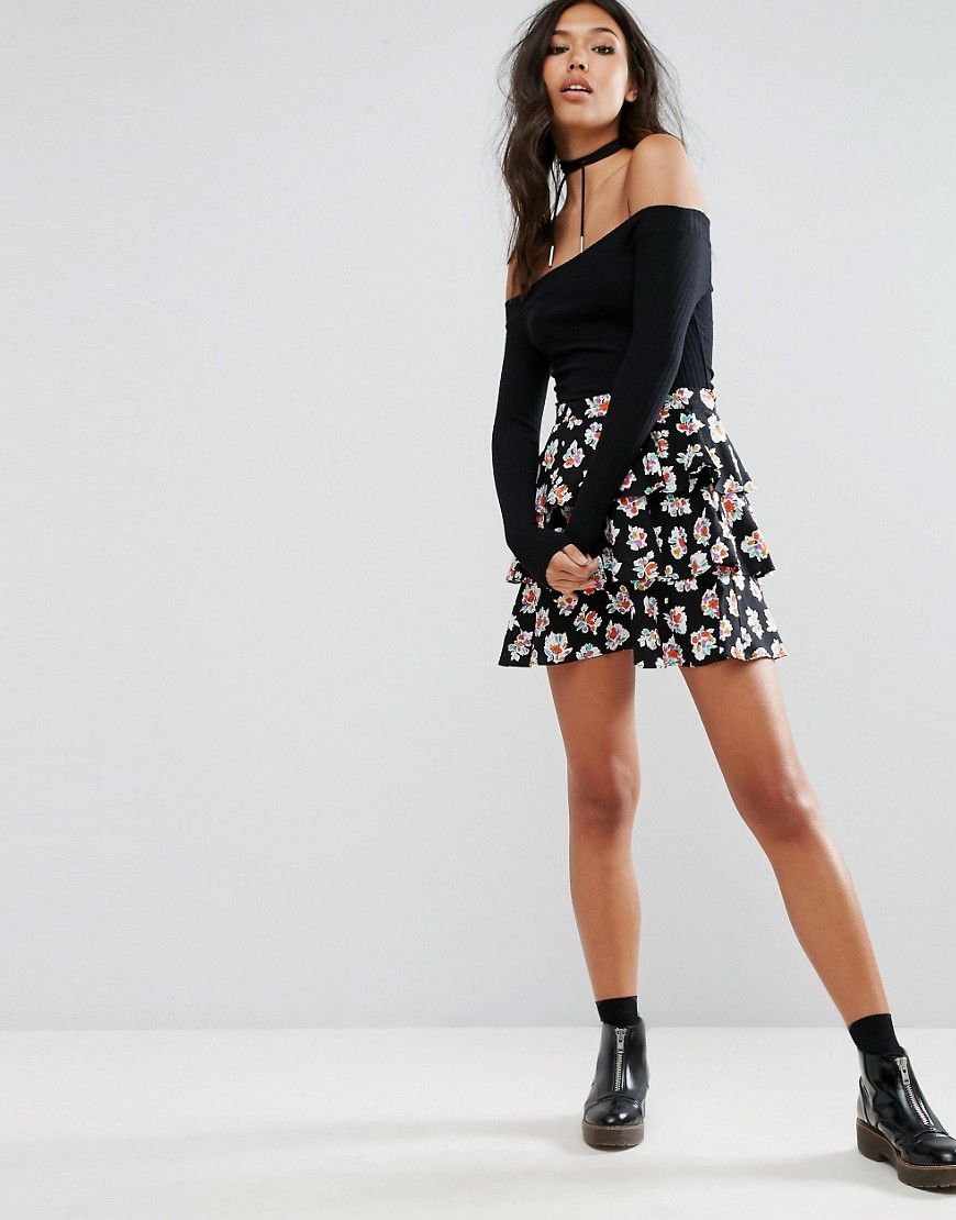 Motel Ruffle Skirt In Floral Print - Black | ASOS US
