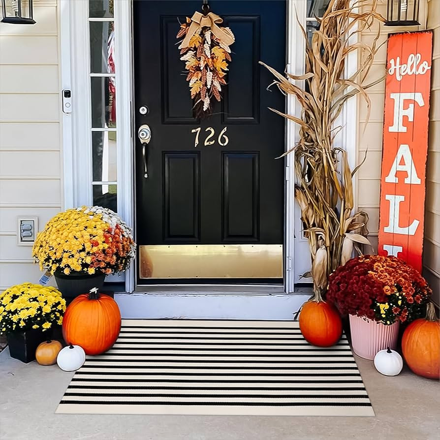 Collive Door Mat Black and White Striped Rug 27.5" x 43.3",Fall Front Porch Rug,Reversible Washab... | Amazon (US)