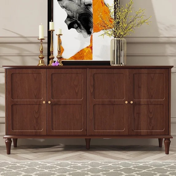 HLR Mid Century 58" Wood 4 Door Sideboard Buffet Cabinet with Storage for Living Dining (Brown) | Walmart (US)