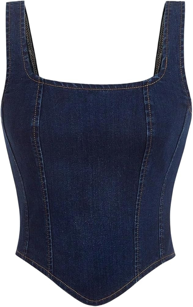 WDIRARA Women's Denim Corset Tank Top Asymmetrical Hem Crop Tops Sleeveless Zip Up Back Tanks | Amazon (US)