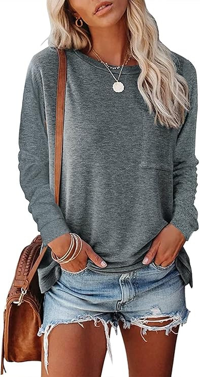 Women Casual Loose Long Sleeve Shirts Crewneck Solid Tops Pullover Sweatshirts with Pocket TY2 (S... | Amazon (US)