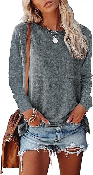 Women Casual Loose Long Sleeve Shirts Crewneck Solid Tops Pullover Sweatshirts with Pocket TY2 (S... | Amazon (US)