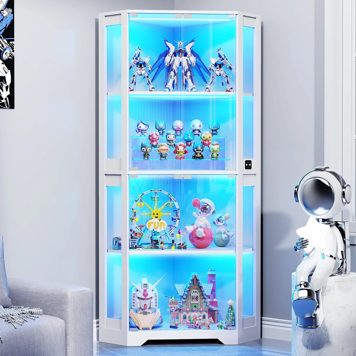 Corner Display Cabinet with Glass Doors, 65" Lighted Curio Display Case with 3 Color Lights for C... | Wayfair North America