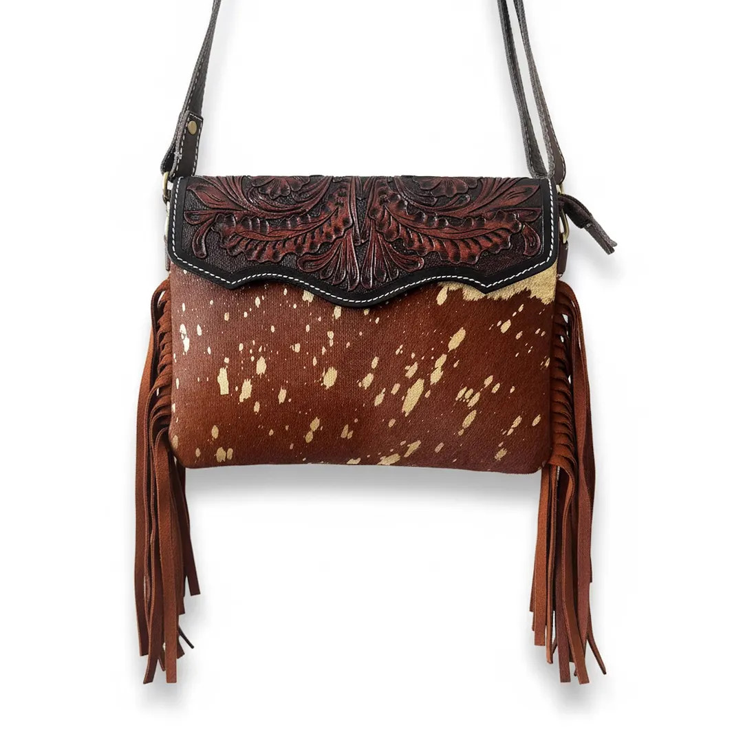 Handmade Handtooled Leather and Brown Cowhide Crossbody Bag With Fringes - Western Boho Purse - E... | Etsy (US)