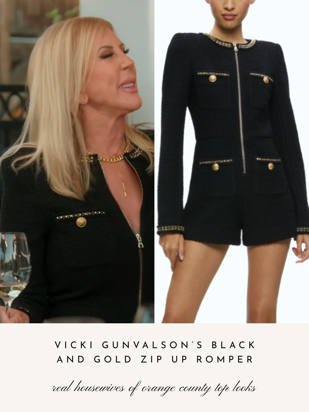 Vicki Gunvalson’s Black and Gold Zip Up Romper