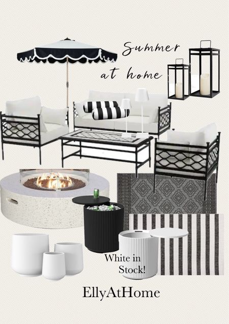 Summer at home in the backyard! Black and white cabana style furniture, popular cooler table, planters, lanterns, pillows, outdoor umbrellas, area rug, Amazon, Hime Depot, Wayfair. Shop soon, free shipping. 

#LTKFamily #LTKHome #LTKSeasonal