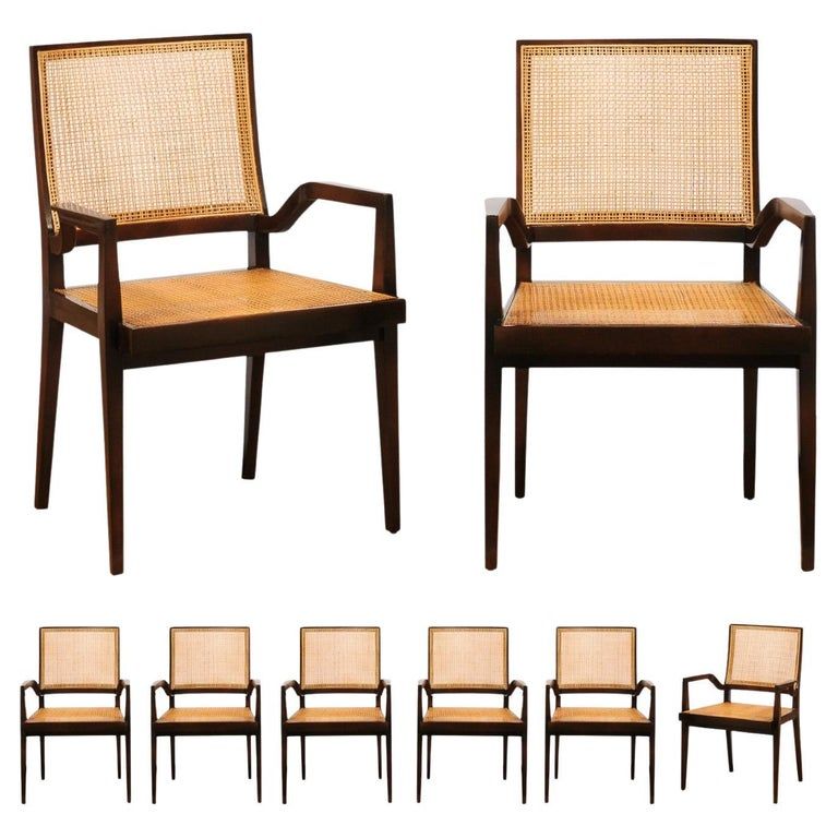 Unrivaled Set of 8 Cane Dining Chairs by Michael Taylor, circa 1960-Cane Seat | 1stDibs