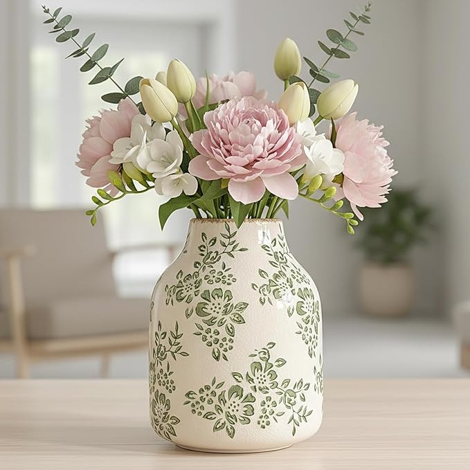 Ceramic Vase Vintage Flower Vase, Chinoiserie Green Floral Decorative Vase, Rustic Retro Farmhous... | Amazon (US)