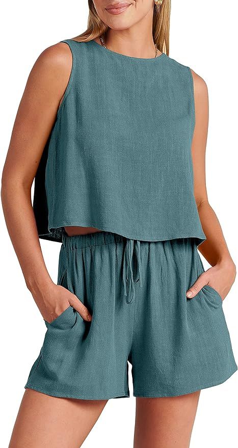 ANRABESS Women’s Summer 2 Piece Linen Shorts Sets Sleeveless Crop Top Romper Lounge Set 2024 Tr... | Amazon (US)